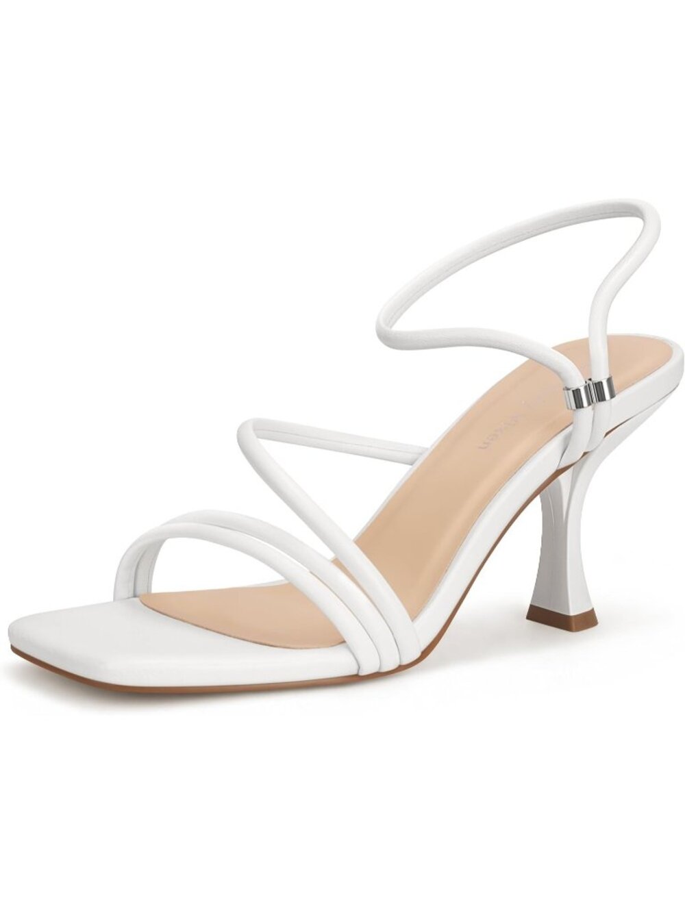 Women's White Strappy Square Open Toe Sculpted Spool Heel Slip On Sandals